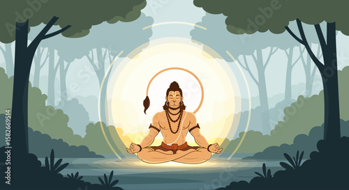 A man with a tail sits in lotus position meditating, surrounded by a glowing aura in a forest.
