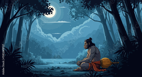 Hanuman sits in a forest, meditating under the moonlight near a serene lake.
