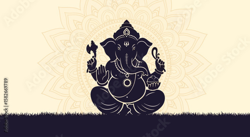 Silhouette of the Hindu god Ganesha seated in a lotus position against an ornamental background.