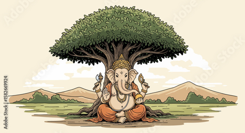 Serene Ganesha meditates under a large, sprawling tree in a peaceful landscape.