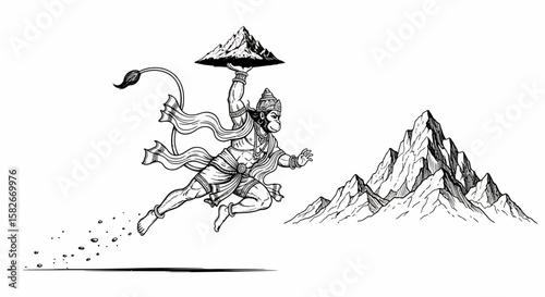 Hanuman, the monkey god, dynamically leaps through the air, carrying a mountain peak, showcasing his immense strength and devotion.