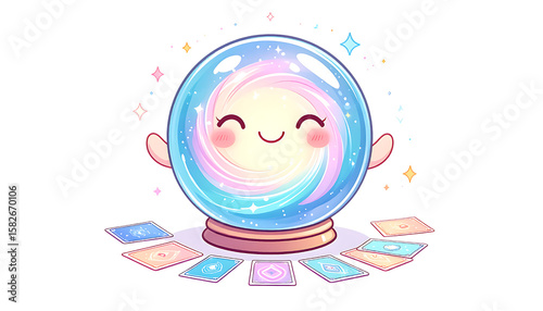 Cartoon fortune teller crystal ball with a smiling face surrounded by tarot cards on a white background.