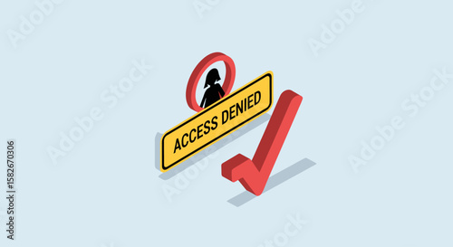 Isometric illustration depicting access denial for a female user, symbolized by a red circle and "Access Denied" sign, contrasted with a large green checkmark.