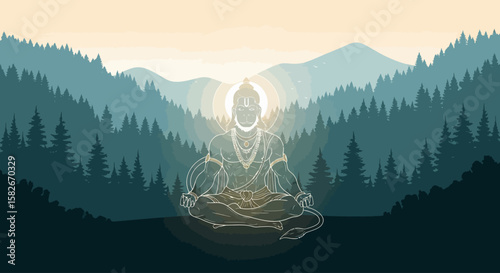 Serene Hanuman meditates amidst a sunlit mountain range, enveloped in a peaceful forest.