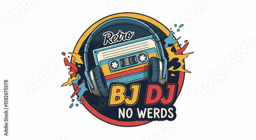 Retro cassette tape and headphones logo for a DJ, "BJ DJ No Werds," vibrant colors, vintage style.