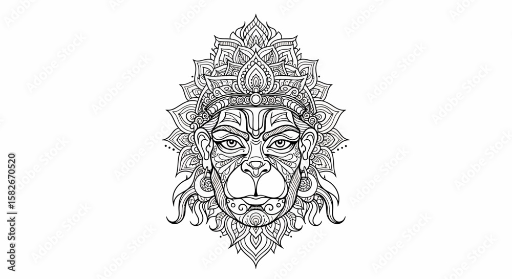 Fototapeta premium Intricate mandala-adorned portrait of Hanuman, the Hindu monkey god.