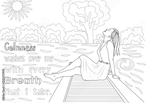 Mindful calmness and positive self-talk for well-being. A black and white coloring page for relaxation, stress relief, and inner peace.