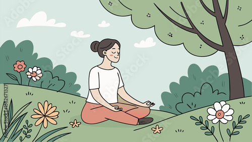 Girl meditating peacefully on a tree in the park in vector illustration style