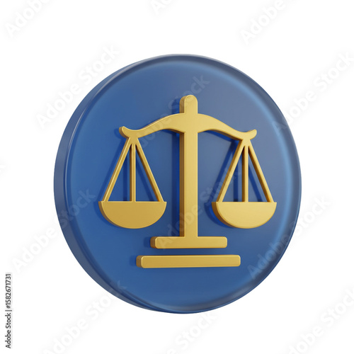 Golden scales of justice on a blue emblem representing legal integrity and jurisprudence