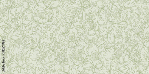 Seamless floral pattern with delicate green peonies. Modern minimalistic  botanical background.
