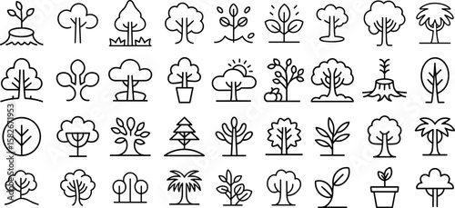 Trees icon set.roots, branches, leaves, fruit, apple,more vector illustration