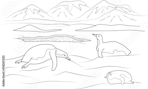 Detailed line art illustration of a penguin family (chick, adult, and sliding penguin) in a vast, icy Antarctic landscape with majestic mountains, ideal for coloring books and educational content.