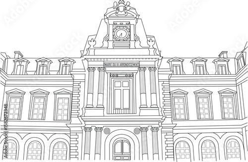 Iconic Mairie du IIIe Arrondissement in Paris, France, depicted in clean black and white line art. Elegant French architecture.