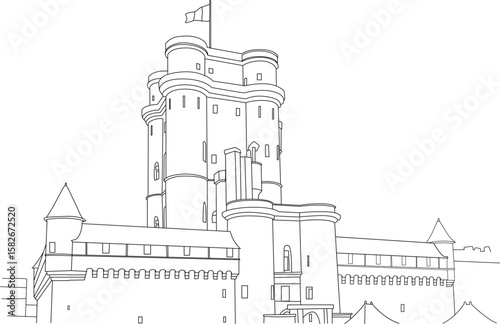 Detailed black and white line art illustration of the historic Ch�teau de Vincennes, a magnificent medieval fortress in Paris, France, showcasing its imposing keep, towers, and fortified walls.
