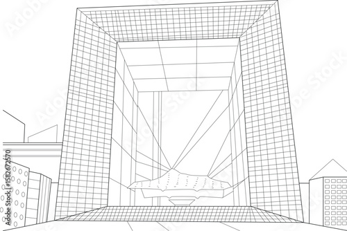 Grande Arche de la D�fense in Paris, France - Minimalist Black and White Line Art Vector Illustration. Iconic Modern Architecture Landmark Outline. Perfect for Design and Education.