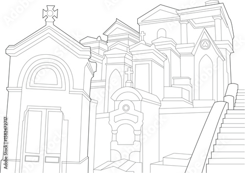 Elegant Line Art Illustration of a Historic Mausoleum or Family Tomb in a Parisian Cemetery, evoking the timeless grandeur and solemn beauty of iconic sites like P�re Lachaise.