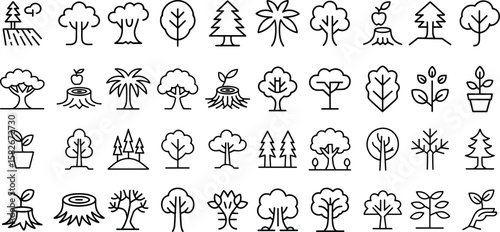 Trees line icon set, vector illustration