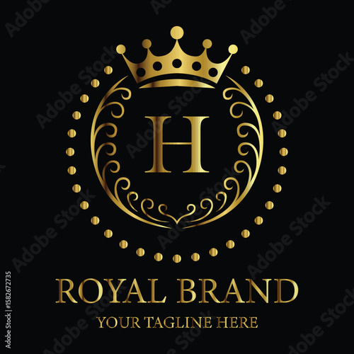 Luxury royal brand logo design featuring golden crown and letter H for premium business identity

