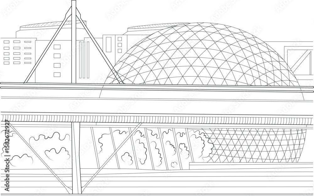 Detailed black and white line drawing of La G�ode and Parc de la Villette architecture, a famous landmark in Paris.