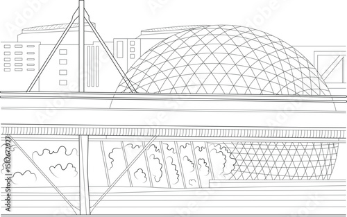 Detailed black and white line drawing of La G�ode and Parc de la Villette architecture, a famous landmark in Paris.