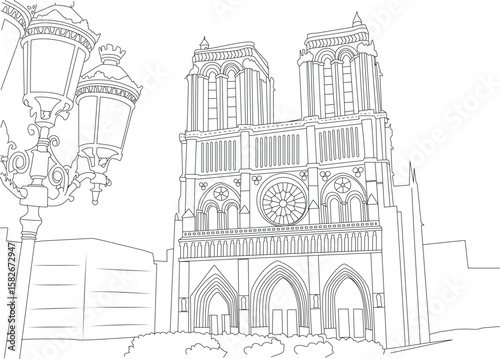 Detailed line art of Notre Dame Cathedral and a classic Parisian lamppost, iconic French architecture and street scene illustration.