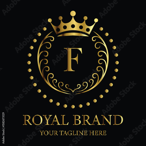 Luxury royal brand logo design featuring golden crown and letter F for premium business identity


