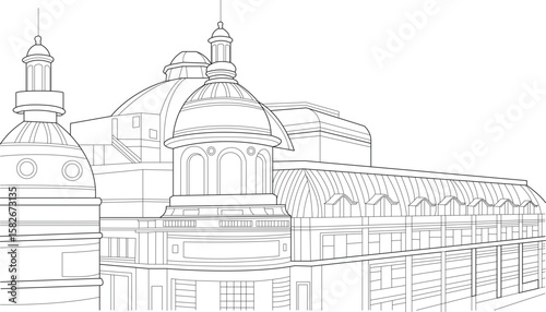 Elegant line art illustration of a historic Parisian building, capturing the intricate architectural details of its domes and classical fa�ade. Ideal for design, travel, and cultural projects.