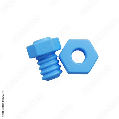 Vivid azure bolt and nut pair presented in a minimalistic three dimensional render with smooth