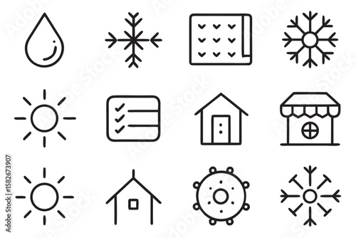 Set of 12 black line icons representing weather and home symbols on a white background collection