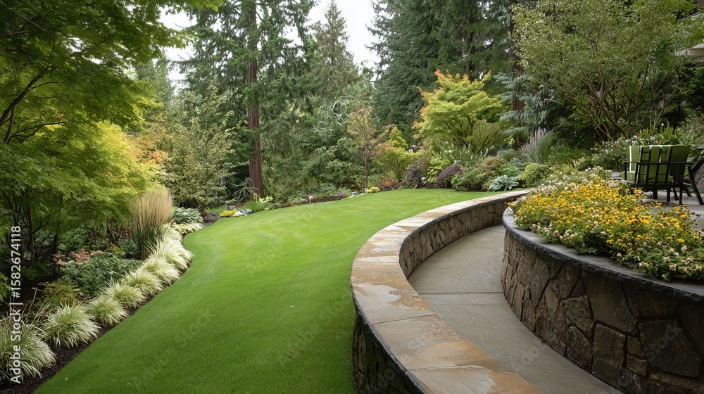Obraz premium Lush garden scene featuring vibrant flowers and manicured lawn in a serene, green landscape.