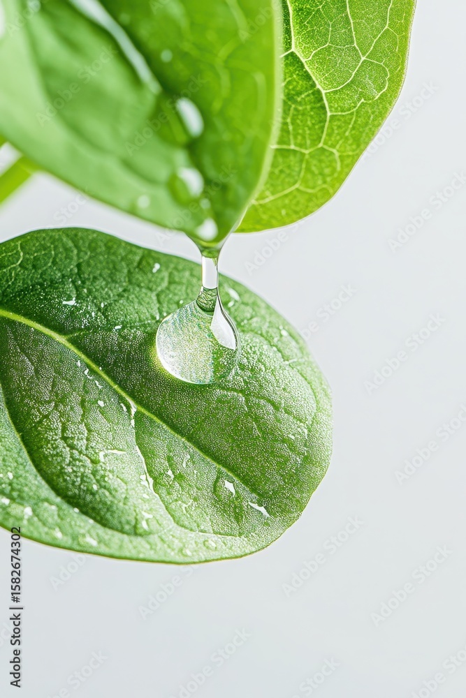 Fototapeta premium Green leaves closeup with water droplet. Clear water drips from fresh leaf. Dew on plant foliage. Nature and environment detail.