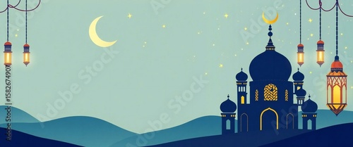 Islamic mosque silhouette with crescent moon and lanterns under a starry sky