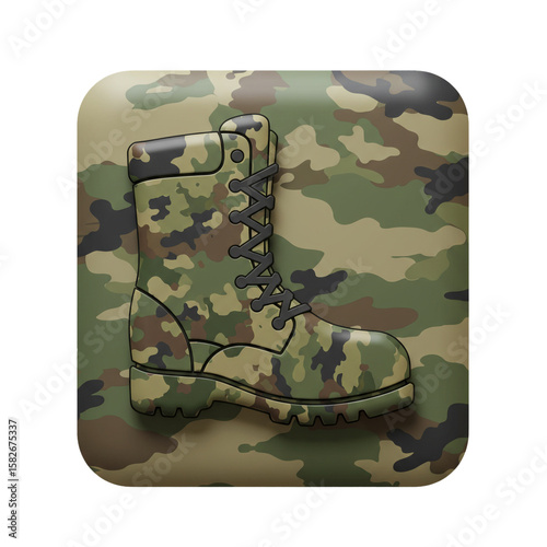 Camouflage textured footwear symbol for military and outdoor activities with rounded background