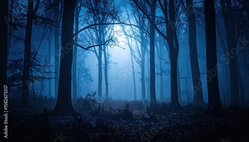 Dark misty forest at night with trees silhouetted against a bright blue moonlit sky