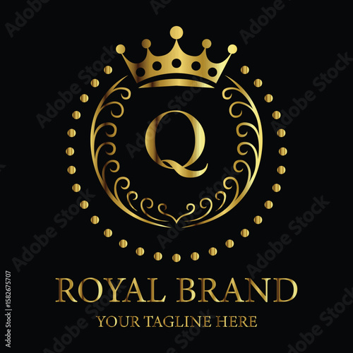 Luxury royal brand logo design featuring golden crown and letter Q for premium business identity

