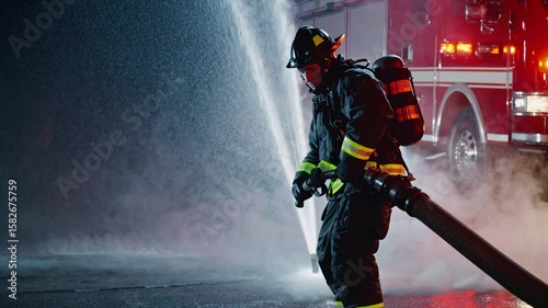 Firefighter battles flames with powerful hose during night rescue operation in city