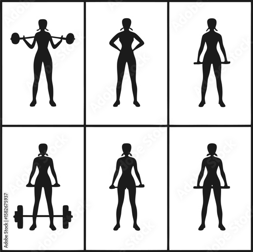 Six silhouettes of a woman performing various weightlifting exercises isolated on transparent background