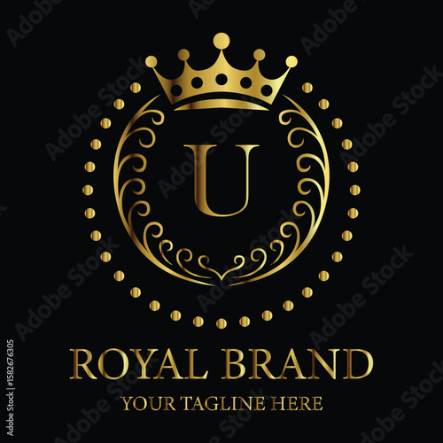 Luxury royal brand logo design featuring golden crown and letter U for premium business identity

