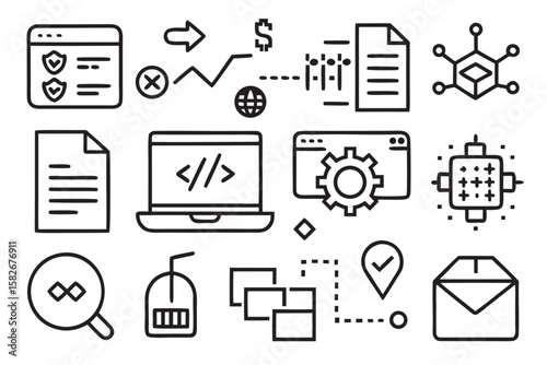 Set of 12 black outline icons representing business and technology concepts on a white background finance