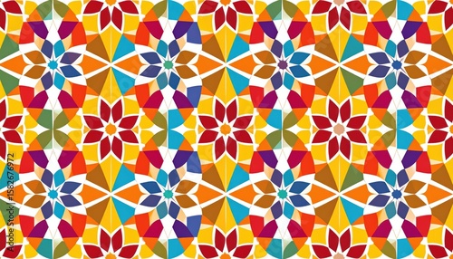 Colorful geometric floral pattern with repeating star and petal shapes on a white background