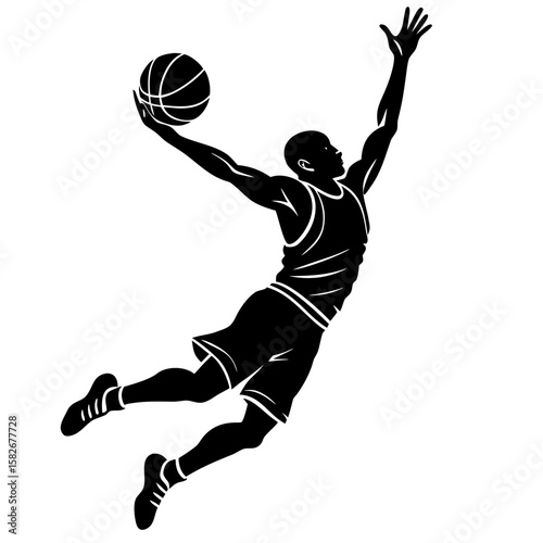 Basketball player jumping with ball silhouette vector illustration