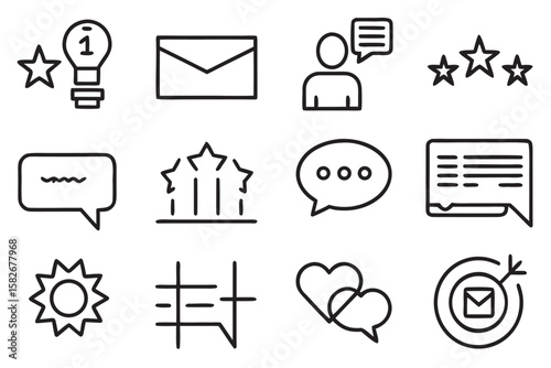 Set of 12 simple black line icons on a white background representing communication and feedback survey