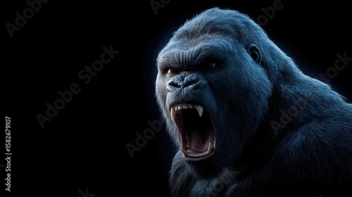 Angry gorilla roaring with open mouth in dark background