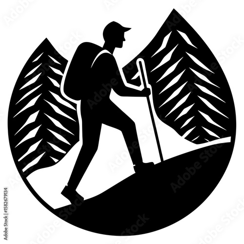Hiker with backpack and trekking pole in mountain landscape silhouette vector illustration