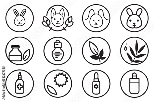 Set of 24 Circular Icons depicting Rabbits and Skincare Products collection bunny