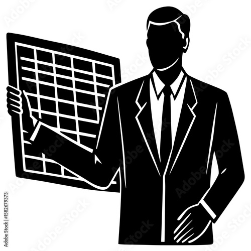 Businessman holding a chart or spreadsheet silhouette vector illustration