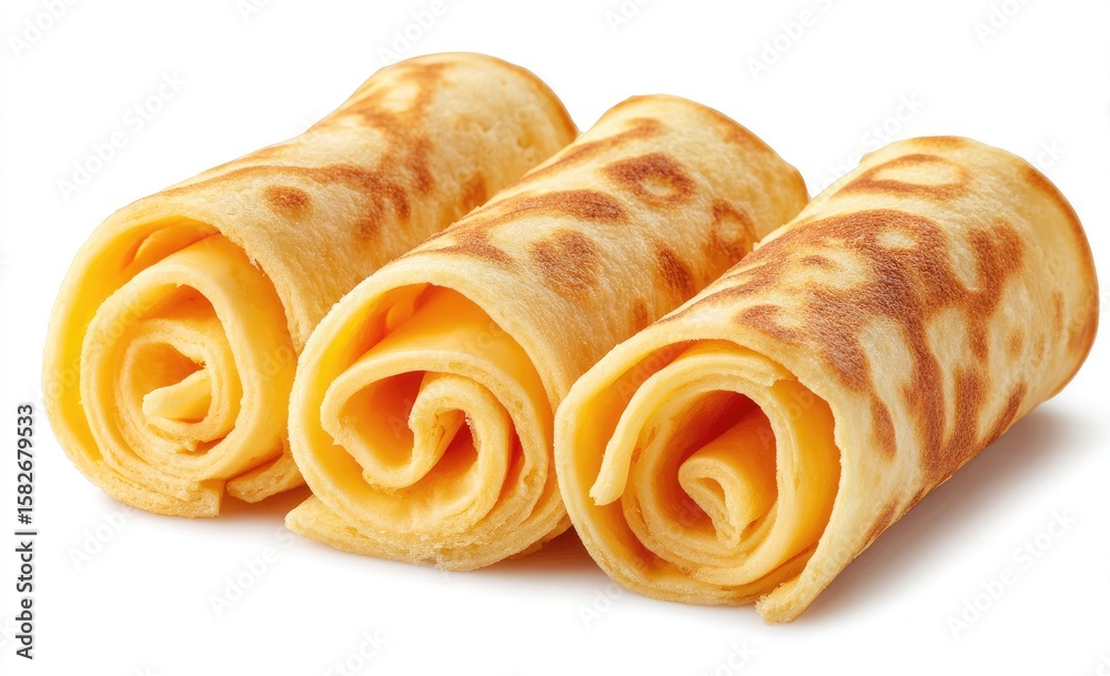 Fototapeta premium Three golden-brown crepe rolls, tightly swirled, showcasing a pale yellow interior, lie on a pristine white background