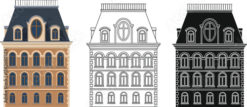 Building facade vector illustration, architecture design, urban apartment, house drawing style