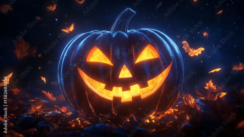 Naklejka premium Glowing halloween pumpkin jack lantern on a dark night with falling leaves and bats. Spooky seasonal decoration. Samhain