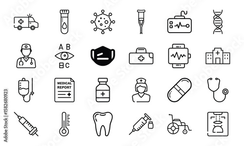 Medical and Healthcare Line Icon Set Vol. 1 – Doctor, Hospital, Medicine, Covid and First Aid Outline Vector Pack